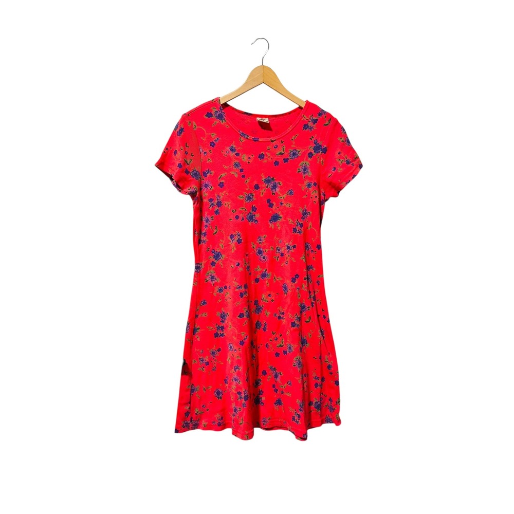 Vtg Varsity Sport Red Pink Floral Ribbed Knit T-Shirt Dress Made in USA SM Y2K